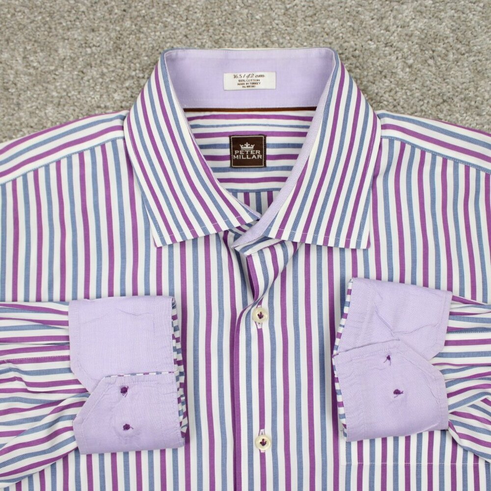 Peter Millar Flip Cuff Dress Shirt Mens 16.5 Purple/Blue/White Cotton L/S Button